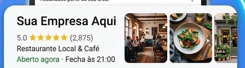 Ficha de empresa no Google com nota cinco estrelas, categoria e fotos